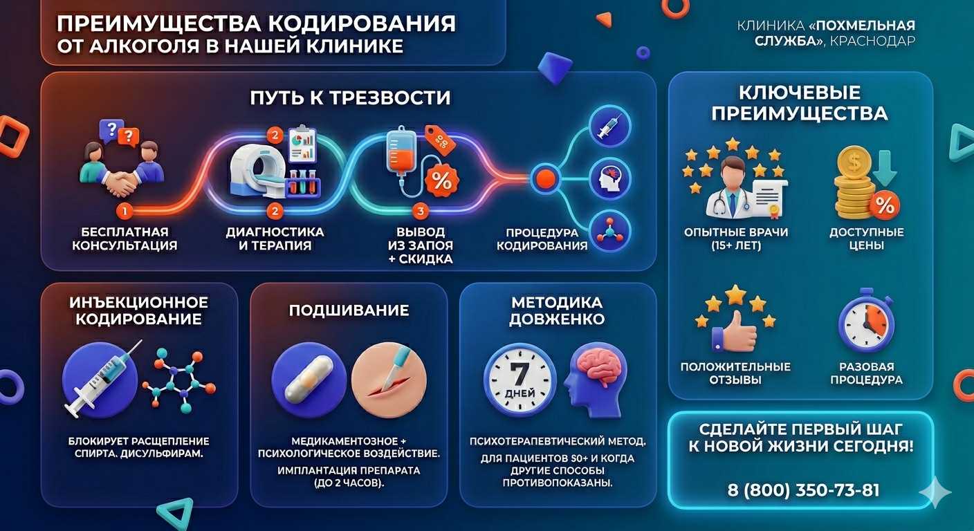 Инфографика о методах кодирования от алкоголя в Коле: инъекции, подшивание, метод Довженко. Преимущества клиники и этапы лечения.